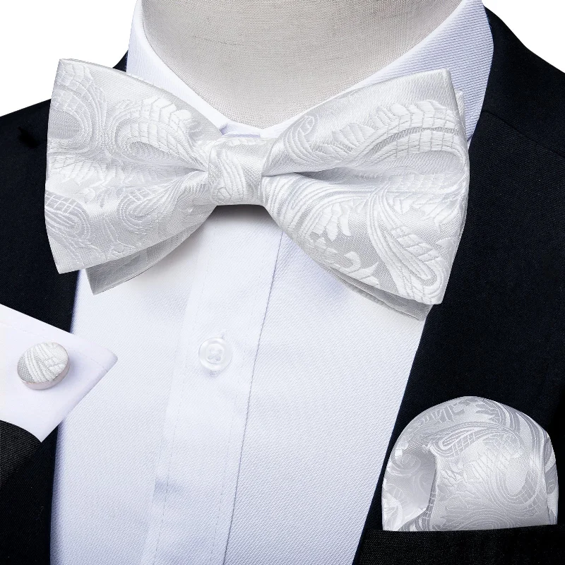 men's formal bow ties-White Floral Silk Pre-tied Bow Tie Hanky Cufflinks Set