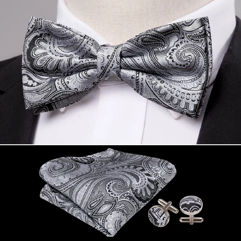 light color ties for business-White Grey Paisley Men's Pre-tied Bowtie Pocket Square Cufflinks Set