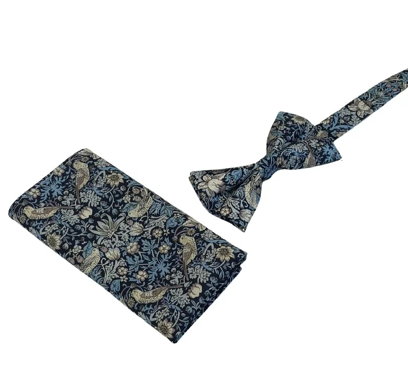 exclusive necktie collections-william morris liberty style blue strawberry thief english garden wildflower design adult bow tie and matching pocket square