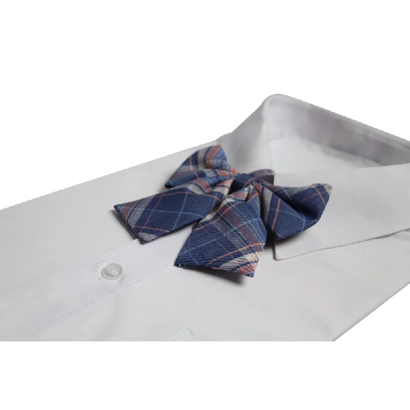 tie designs for the office-Womens Blue & Salmon Tarten Patterned Shirt Collar Bow Tie