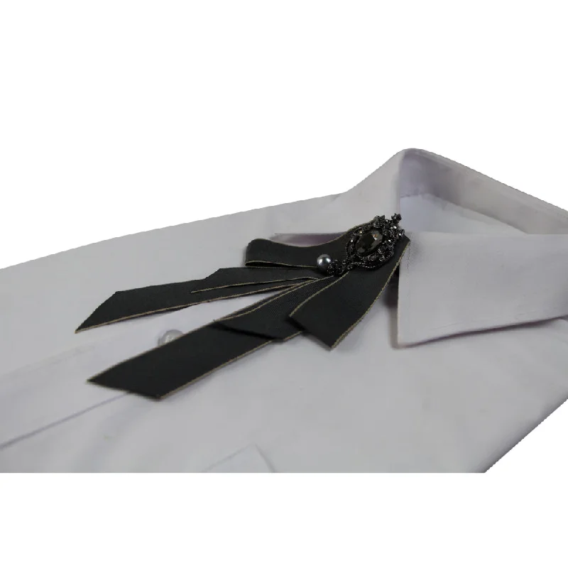 affordable silk neckties-Womens Dark Grey Fabric Crystal Pearl Brooch Shirt Collar Bow Tie