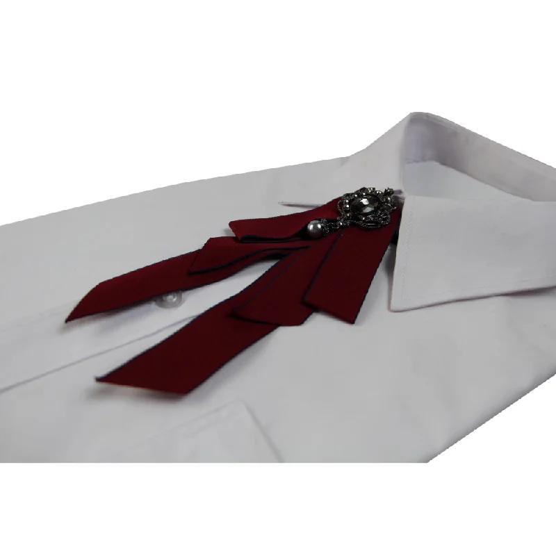 best quality men's neckties-Womens Dark Red Fabric Crystal Pearl Brooch Shirt Collar Bow Tie