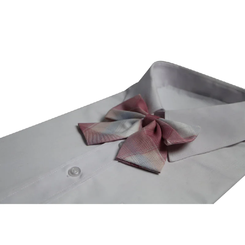 men's business attire neckties-Womens Soft Pink & White Tarten Patterned Shirt Collar Bow Tie