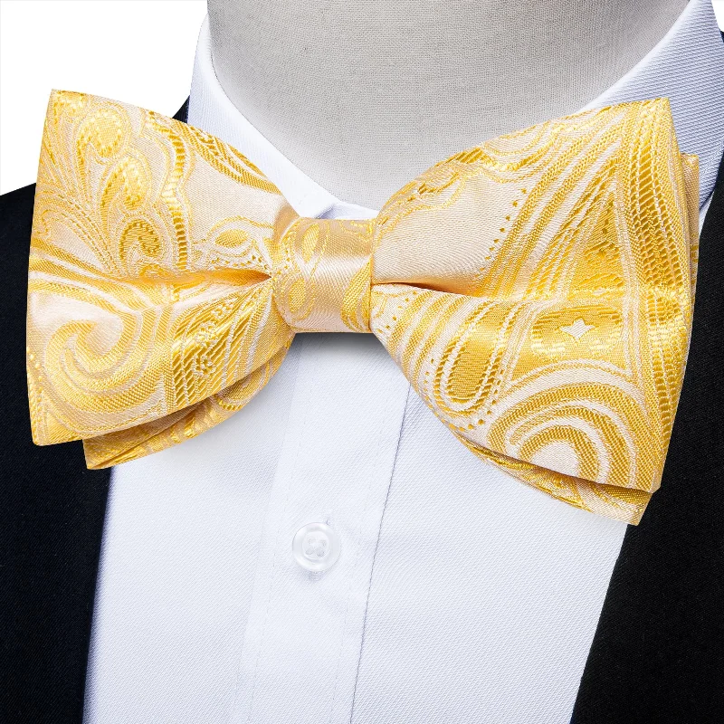 stylish long neckties-Yellow Floral Silk Men's Pre-Bowtie Pocket Square Cufflinks Set