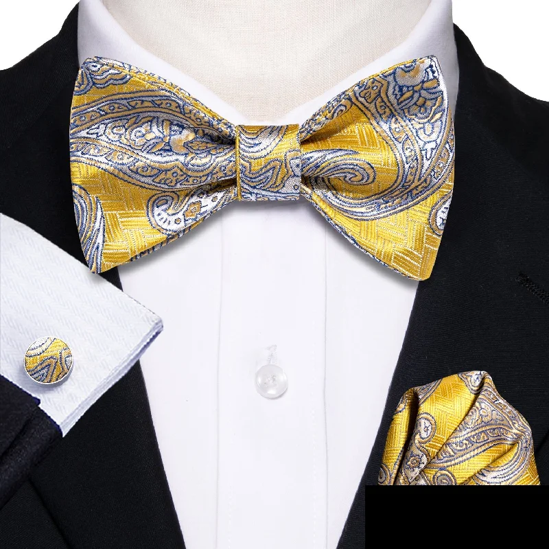 fashionable silk ties for men-Yellow Gold Paisley Silk Self-tied Bow Tie Hanky Cufflinks Set