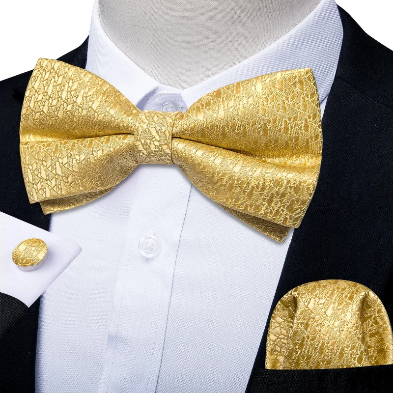 men's classic bow ties-Yellow Plaid Men's Pre-tied Bowtie Pocket Square Cufflinks Set