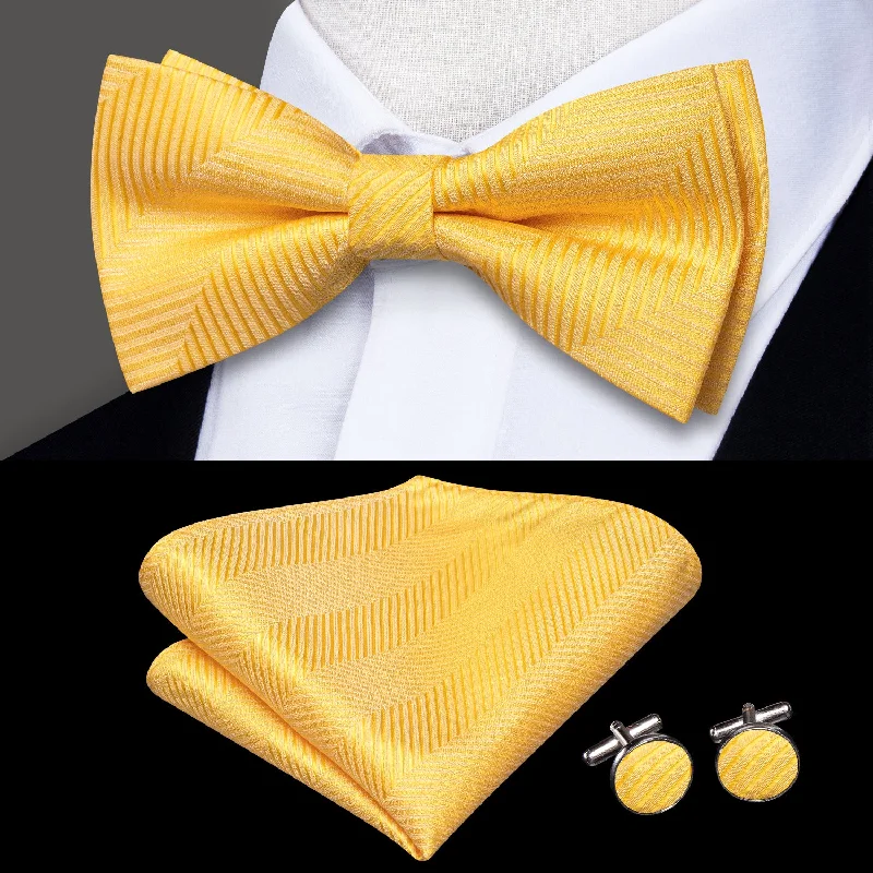 quality silk bow ties-Yellow Striped Pre-tied Bow Tie Pocket Square Cufflinks Set