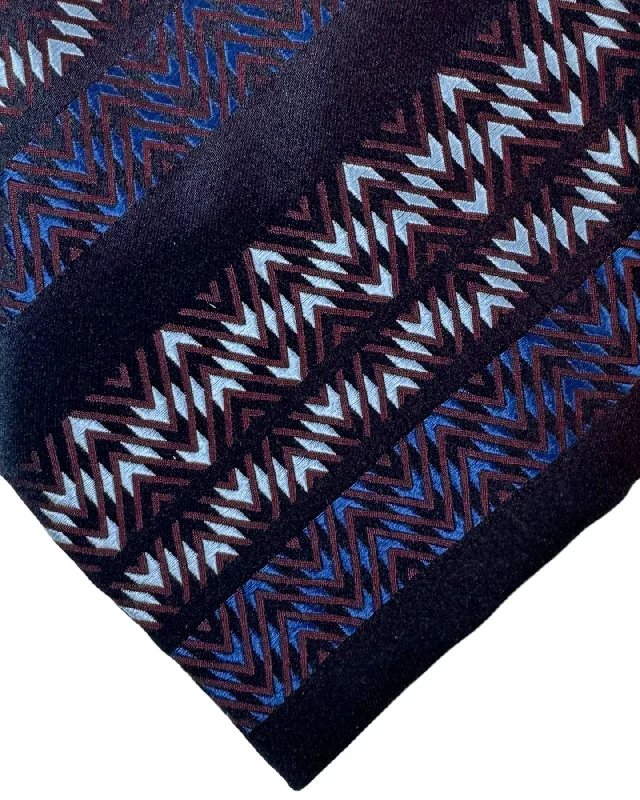 premium handmade neckties-Zilli Silk Tie Brown Midnight Blue Stripes Zig Zag Design - Wide Necktie