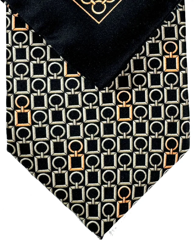 business attire ties-Zilli Tie & Matching Pocket Square Set Black Gray-Silver Logo Tag