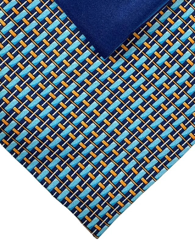 trendy necktie styles for men-Zilli Tie & Matching Pocket Square Set Dark Blue Aqua Orange Gold Check