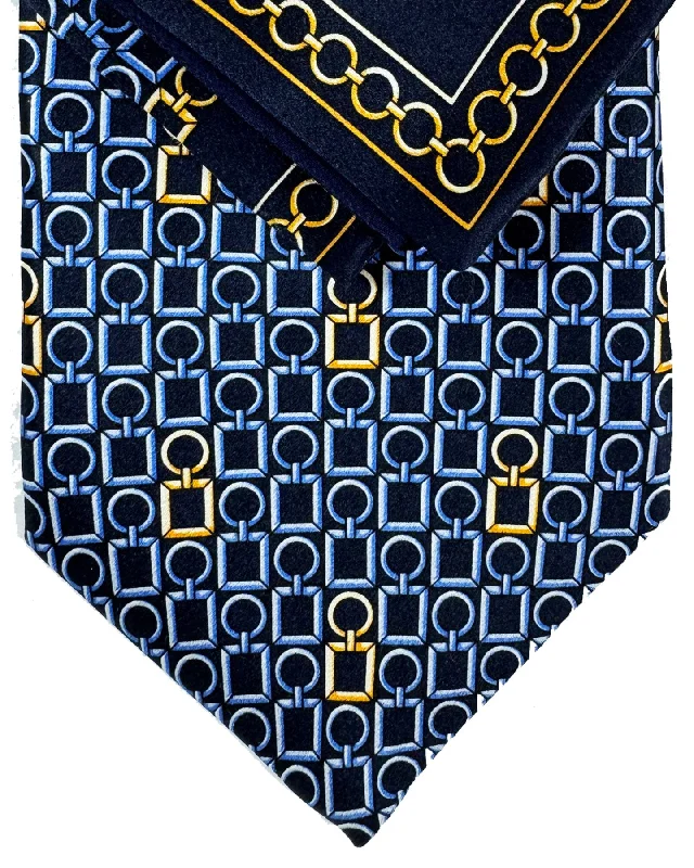 men's ties for parties-Zilli Tie & Matching Pocket Square Set Dark Blue Logo Tag