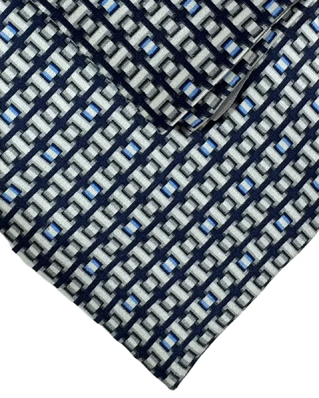 elegant patterned ties-Zilli Tie & Matching Pocket Square Set Silver Gray Blue Geometric