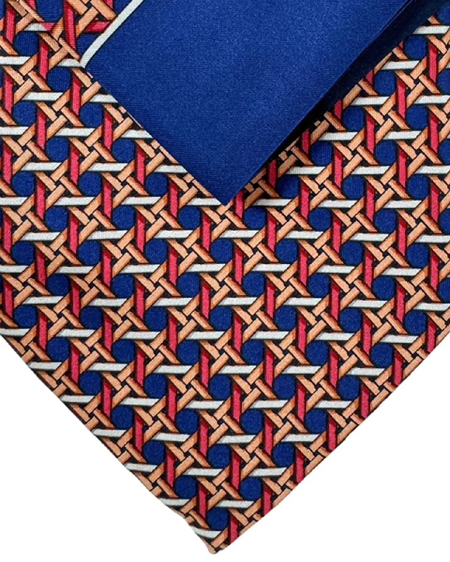 vintage silk ties-Zilli Tie & Matching Pocket Square Set Midnight Blue Pink Geometric