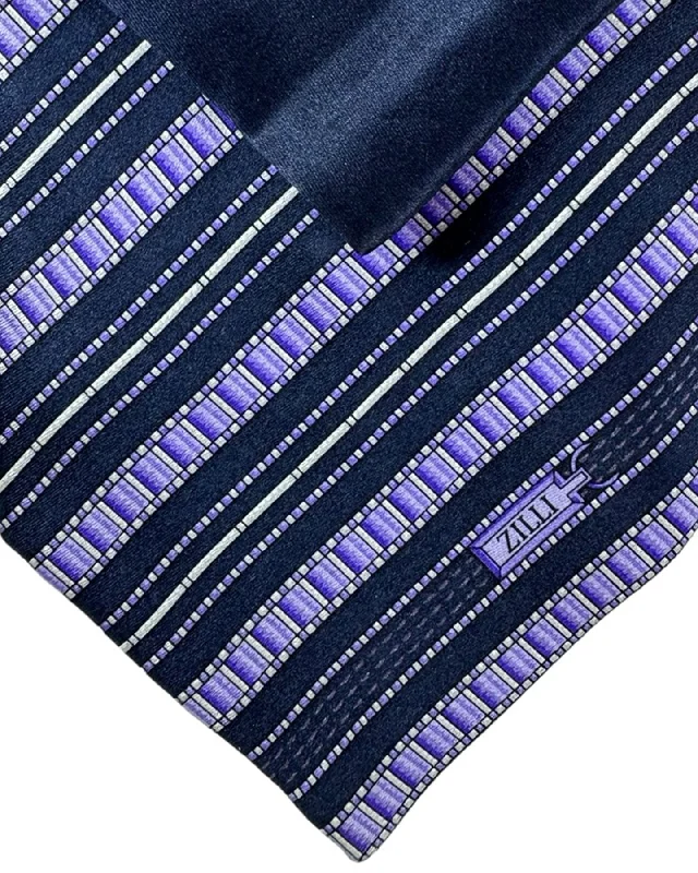 business event neckties-Zilli Tie & Matching Pocket Square Set Purple Stripes