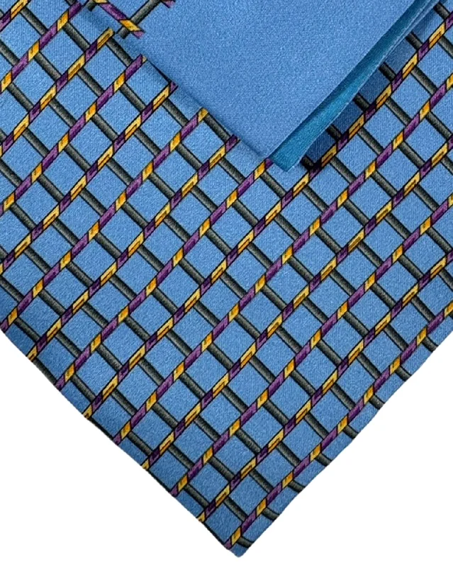 summer business ties-Zilli Tie & Matching Pocket Square Set Sky Blue Purple Gray Orange Gold Stripes