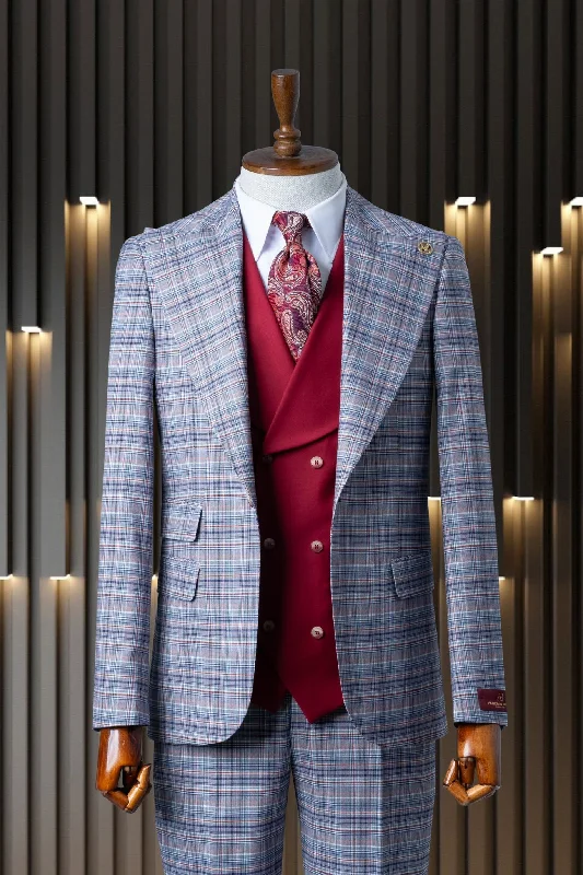 Men's unique wedding suit -Alberto Bossi Blue & Red Plaid Compose Slim Fit 3pc Suit