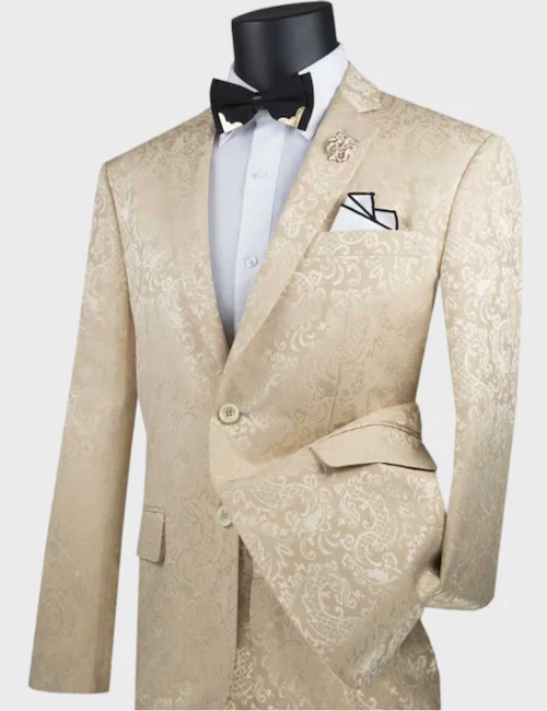 Men's wedding tuxedo -Beige Floral 2 Button Suit