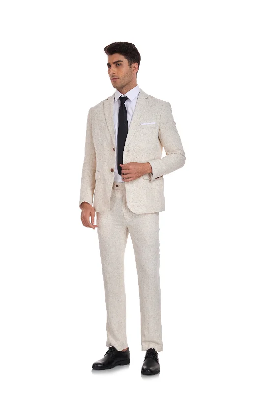 Men's wool blend suit -Beige Grey Retro Linen Beach Wedding Summer 3 Pieces Men Suits