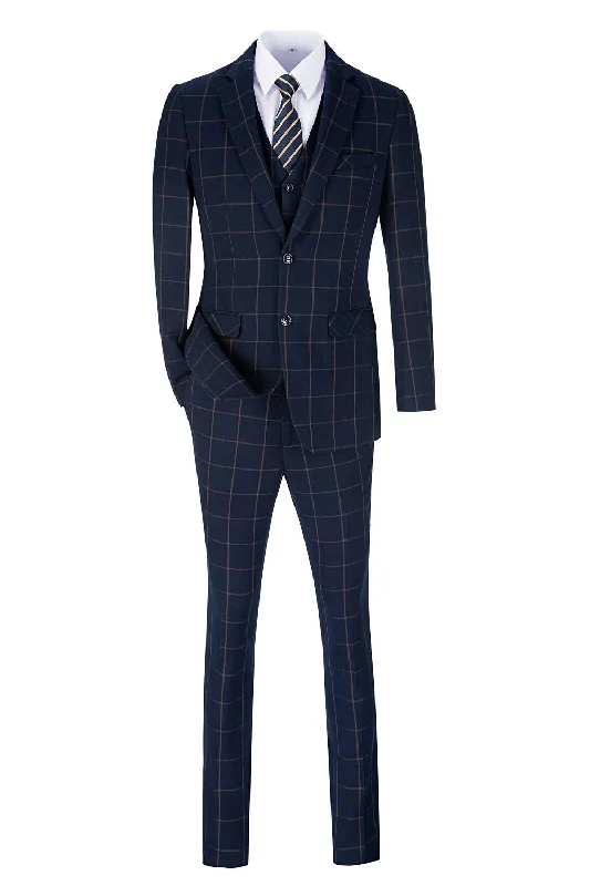 Men's classic three-piece suit -Blue Men's 3 Piece Set for Party, Wedding and Business ( Orange Plaid )