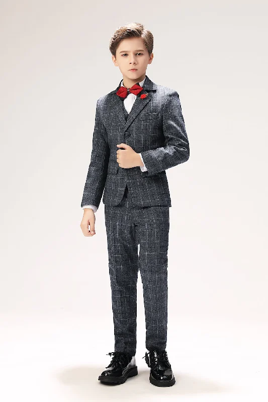 Best men's black tie suit -Grey Plaid Elegant 5 Piece Boys Suits