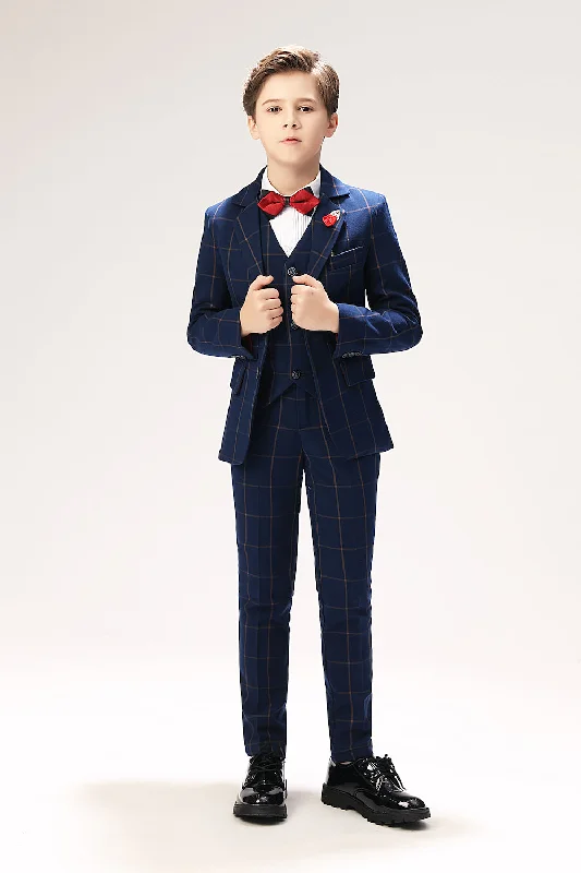 Men's brown suit -Blue Plaid Elegant 5 Piece Boys Suits