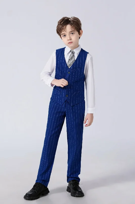 Men's formal brown tuxedo -Royal Blue Striped Slim Fit Modern 4 Piece Boy's Formal Suits With Vest+Pants+Shirt+Tie