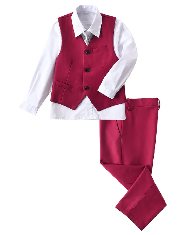 Men's wool suits -Burgundy 4 Piece Boys' Formal Suit Set with Vest Pants Dress Shirt and Tie BS39