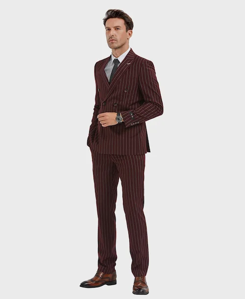 Men's navy suit with tie -Burgundy Pinstripe Double Breasted Suit