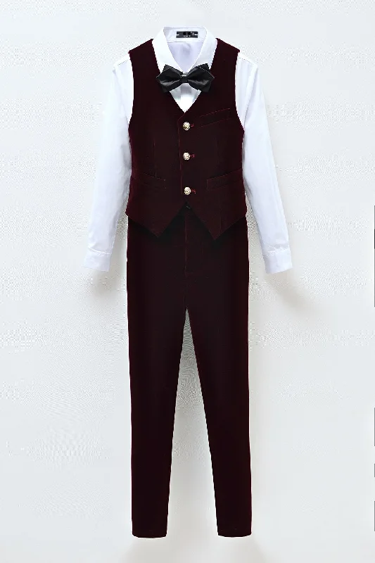 Men's suit accessories -Burgundy Velvet 2 Piece Kids Boys' Vest and Pants Dress Suits Set