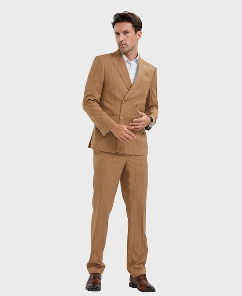 Men's outdoor suits -Camel Pinstripe Double Breasted Suit