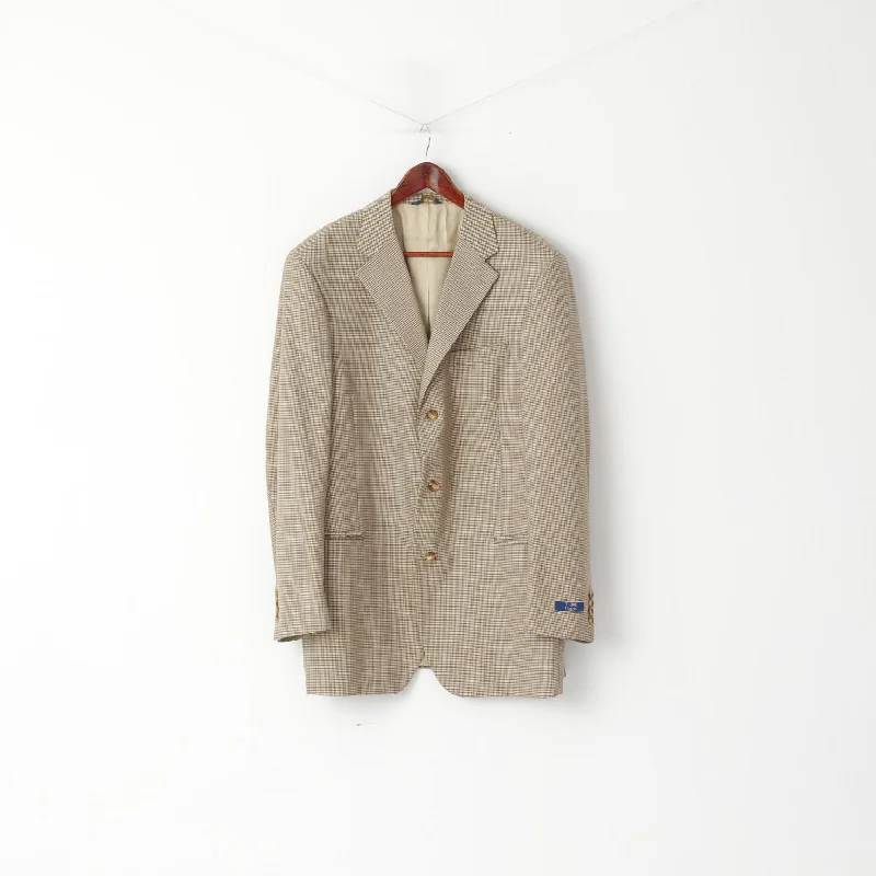 Men's business casual suit -T. Harris London Men 44 L Blazer Beige Houndstooth Check Single Breasted Jacket