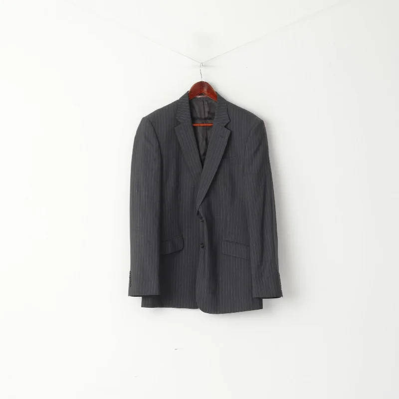 Men's double-breasted suit -Jaeger Men 40 50 Blazer Graphite Wool Striped Single Breasted Jacket