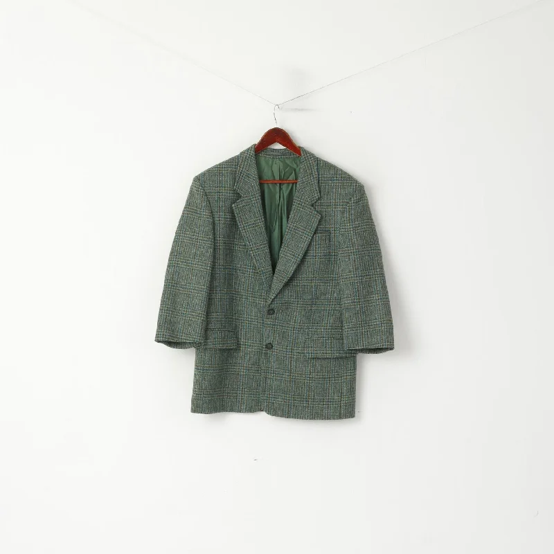 Men's formal suit jacket -Fine Scottish Cloth By Kynoch Men 40 50 Blazer Green Wool Check Vintage 2/3 Sleeve Jacket