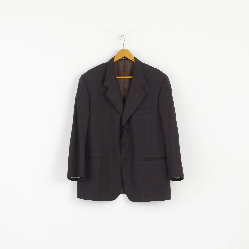 Men's black suit -Emilio Rizzi Ferrini Men 54 Blazer Brown Navy Check Wool Single Breasted Made in Italy Jacket