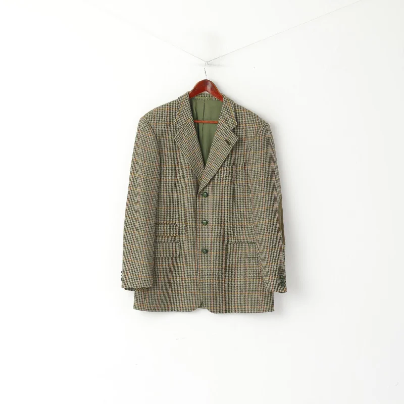 Cheap men's suits -Brian Tucker Men 44 Blazer Green Vintage Wool Houndstooth Patches Single Breasted Jacket