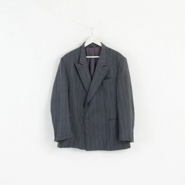 Three-piece suit for men -Royce Men 52 Blazer Grey Striped Wool Blend Single Breasted Vintage Jacket