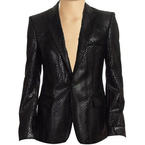 Men's trendy tuxedo suit -Black snake print leather blazer