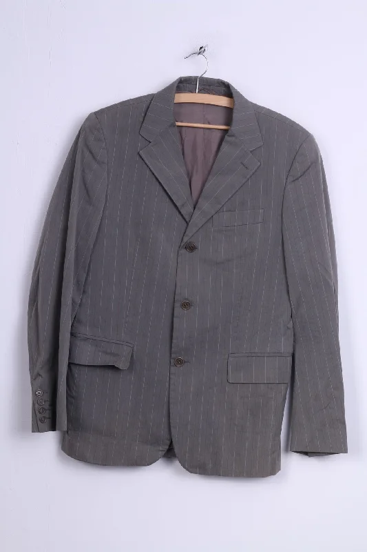 Men's tailored suit jacket -United Colors Of Benetton Mens 48 S Blazer Light Grey Striped Cotton Single Breasted Jacket