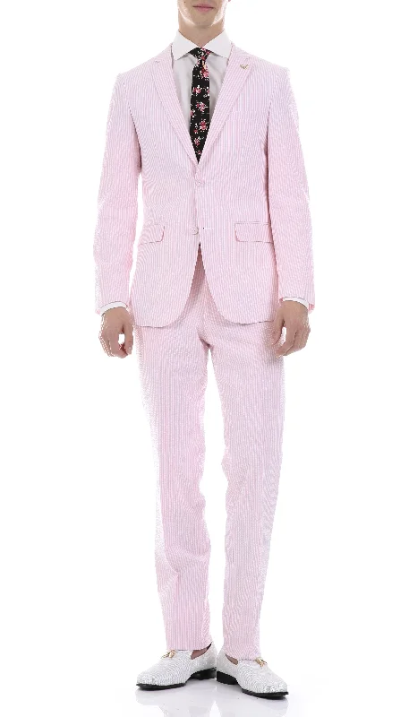 Men's green suit -Men's Slim Fit Two Button Pink Seersucker Suit