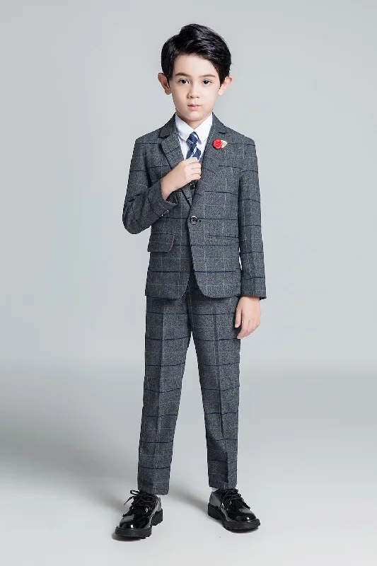 Men's suit set with trousers -Dark Gray Plaid Fashion 5 Piece Boys Suits