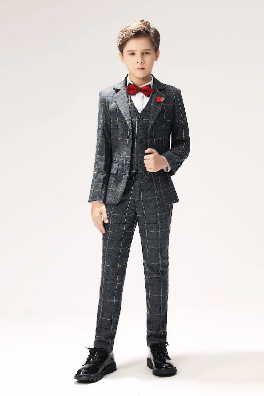 Men's fitted tuxedo -Dark Grey Plaid Elegant 5 Piece Boys Suits