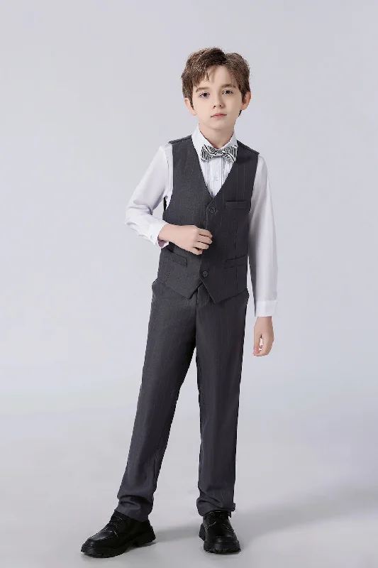 Men's modern office suit -Dark Grey Striped Modern 4 Piece Boy's Formal Suits