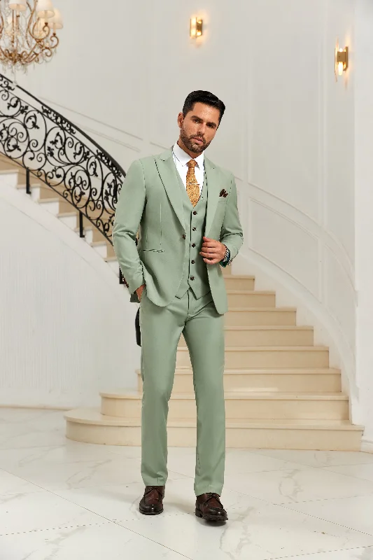 Men's satin tuxedo jacket -Peaked Lapel Green Modern 3 Pieces Men Suits 2589