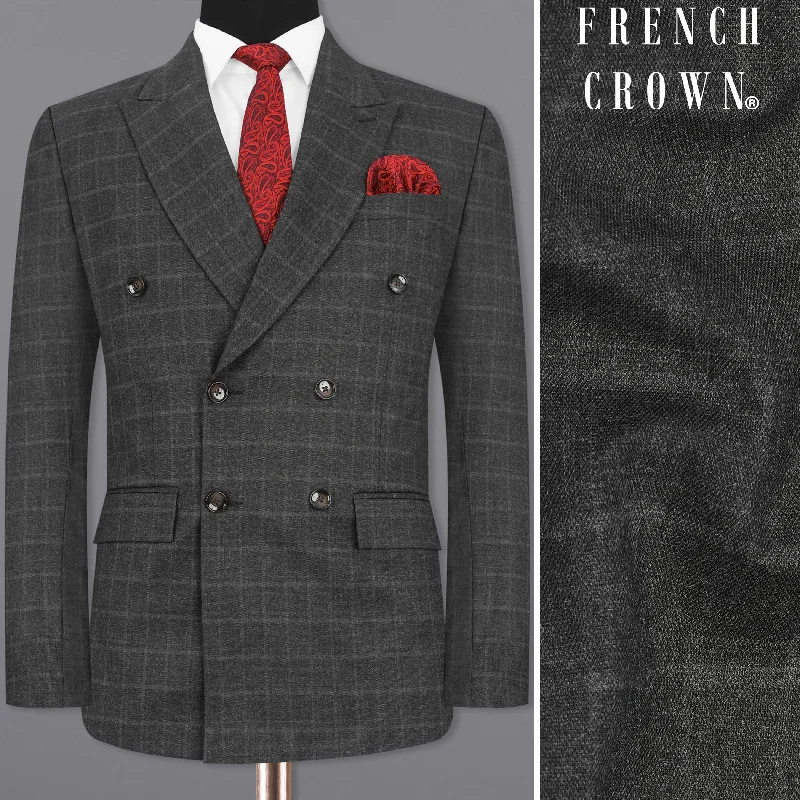 Men's military style suit -Dune Gray windowpane Double Breasted Blazer