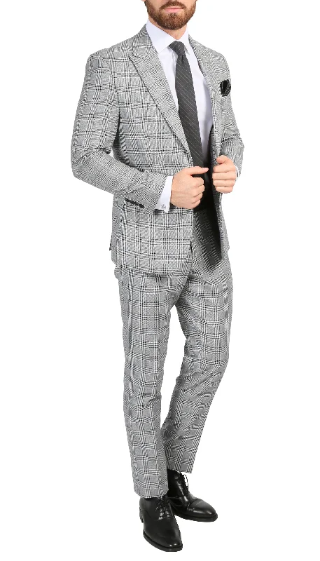 Men's suit with lapel pin -Ferrecci Men's Conrad Skinny Slim Fit Grey 2 Piece Glen Plaid Peak Lapel Suit