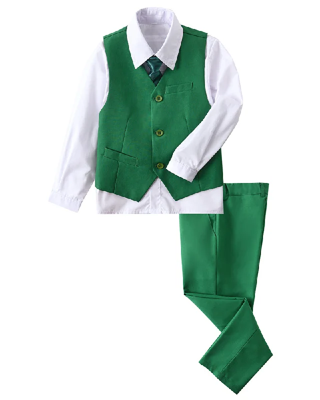 Men's tuxedo suits -Green 4 Piece Boys' Formal Suit Set with Vest Pants Dress Shirt and Tie BS41