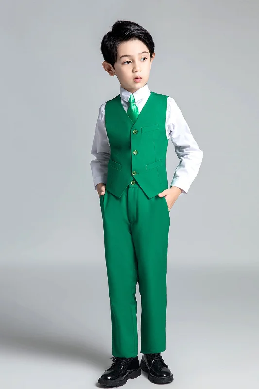 Men's linen wedding suit -Green 4 Piece Boy's Formal Suits With Vest+Pants+Shirt+Tie