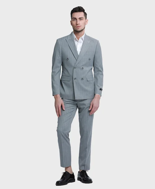 Men's suits with pleats -Grey Pinstripe Double Breasted Suit