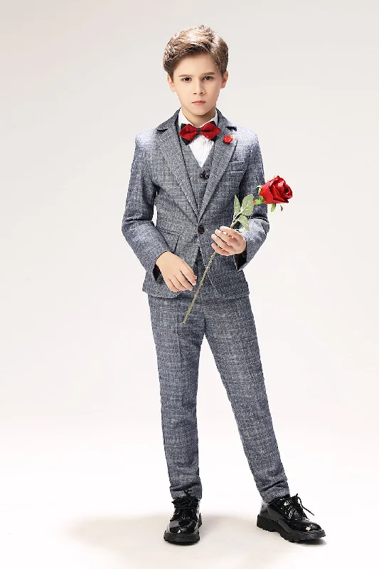 Men's casual tuxedo suit -Grey Plaid Elegant 5 Piece Boys Suits