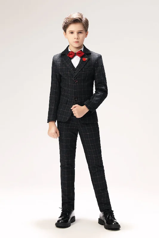 Men's wedding tuxedo -Black Plaid Elegant 5 Piece Boys Suits